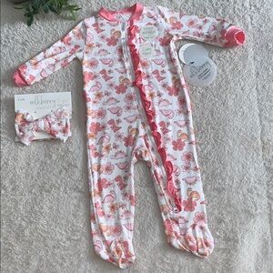 NWT Milkberry Floral Dinosaurs Ruffle Footie Bamboo 3-6M Pink Coral & Headband